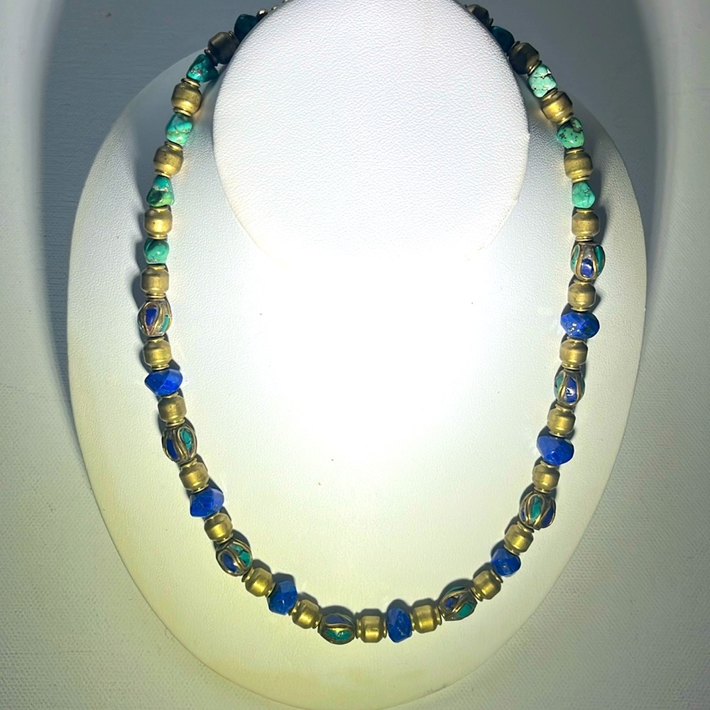 NWOT handmade necklace 18” long. lapis turquoise brass. gift bag.